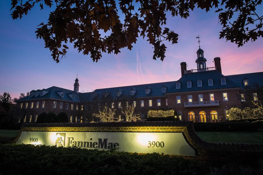 FILE - In this Nov. 20, 2013, file photo, the sun sets behind the Fannie Mae headquarters in Washington. Fannie Mae reports financial results Thursday, May 5, 2016. (AP Photo/J. David Ake, File)