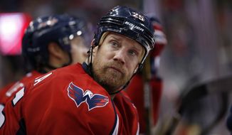 Washington Capitals left wing Jason Chimera (25) sits on the bench in the second period of an NHL hockey game against the New York Islanders, Tuesday, April 5, 2016, in Washington. (AP Photo/Alex Brandon)