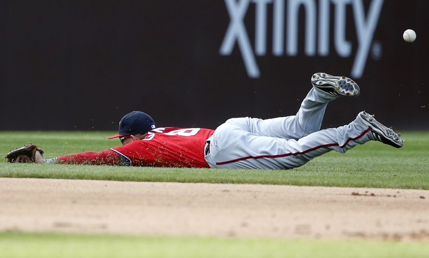 Washington Nationals shortstop Danny Espinosa cannot make the play on a single hit by Chicago Cubs&#39; Ryan Kalish during the sixth inning of a baseball game Saturday, May 7, 2016, in Chicago. (AP Photo/Nam Y. Huh)