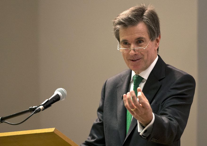 FILE - In this Monday, Feb. 16, 2015 file photo, former head of the British Secret Intelligence Service (MI6), John Sawers speaks at King's College part of the University of London, in London. Britain’s former spy chiefs have asked voters to keep the United Kingdom inside the European Union, arguing that the alliance gives their nation an edge in gathering anti-terrorist intelligence and underpins continental peace. The appeal published on Sunday May 8, 2016 by former MI5 director-general Jonathan Evans and former MI6 chief John Sawers sparked a fierce rebuttal from campaigners seeking a British exit from the 28-nation EU in the June 23 referendum. (AP Photo/Alastair Grant, File)