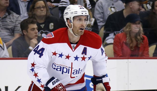 Washington Capitals&#x27; Brooks Orpik (44) skates during the second period of an NHL hockey game against the Pittsburgh Penguins in Pittsburgh Saturday, Dec. 27, 2014. The Penguins won 3-0. (AP Photo/Gene J. Puskar)