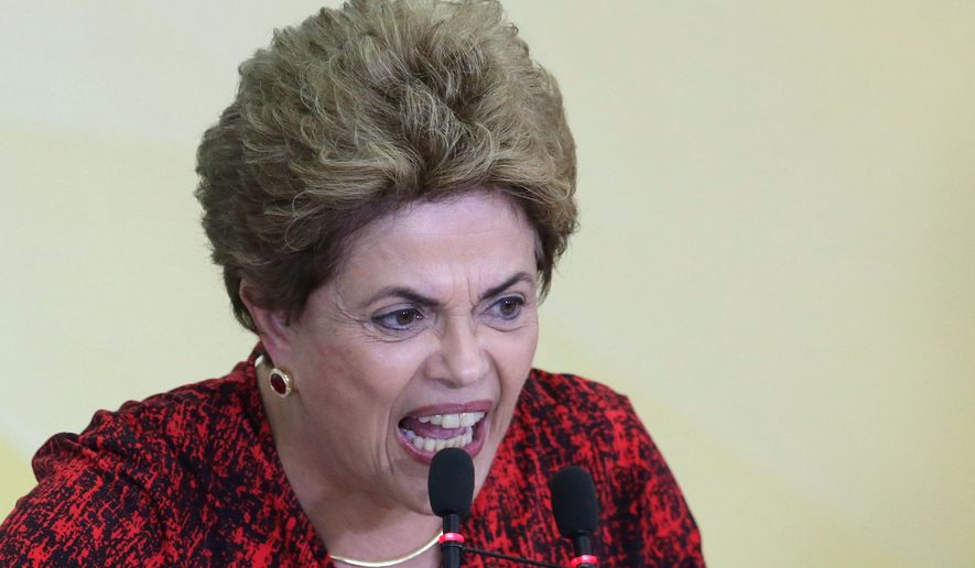 Brazil&#x27;s President Dilma Rousseff speaks during a ceremony that announced the opening of new federal universities at Planalto presidential palace in Brasilia, Brazil, Monday, May 9, 2016. (AP Photo/Eraldo Peres) ** FILE **