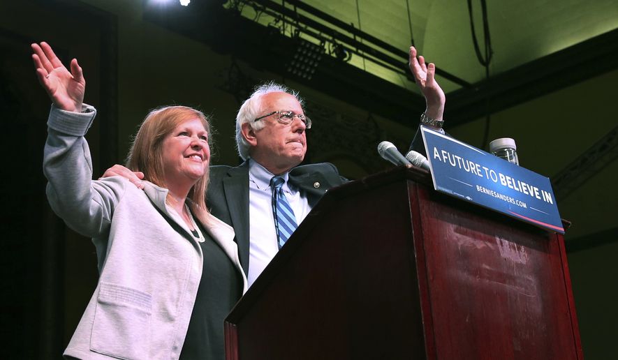 Jane O&#39;Meara Sanders joins her husband, Democratic presidential candidate, Sen. Bernie Sanders, I-Vt., at a campaign rally, Monday, May 9, 2016, in Atlantic City, N.J. (AP Photo/Mel Evans) ** FILE **