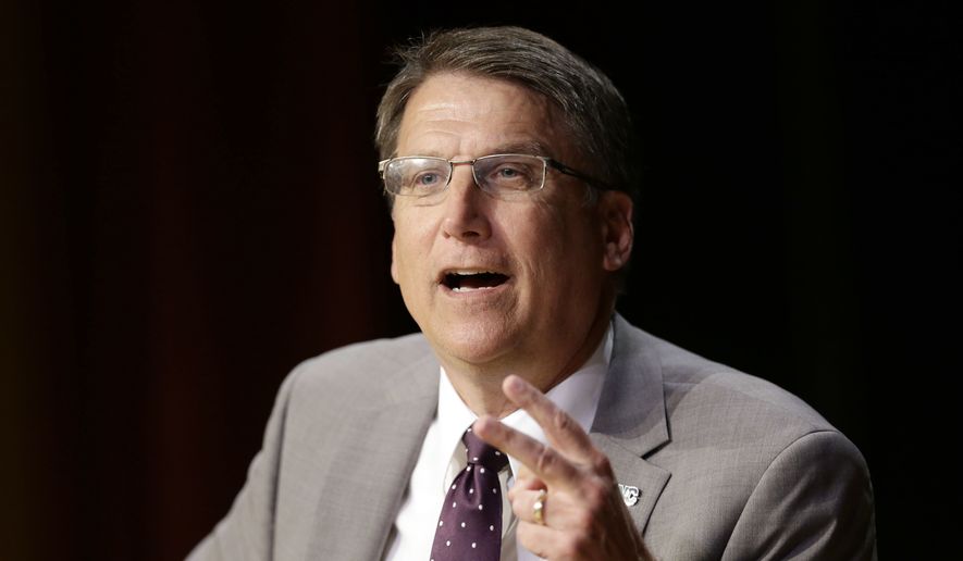 North Carolina Gov. Pat McCrory makes remarks concerning House Bill 2, which limits protections to lesbian, gay, bisexual and transgender people, while speaking during a government affairs conference in Raleigh, N.C., in this May 4, 2016, file photo. McCrory shows no signs of backing down in the face of the federal government&amp;#8217;s Monday, May 9, deadline to declare he won&amp;#8217;t enforce the new state law. (AP Photo/Gerry Broome, File)
