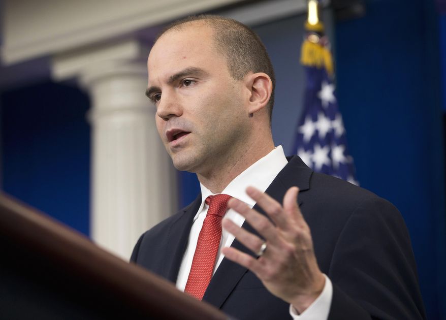 FILE - In this Feb. 16, 2016 file photo Deputy National Security Adviser For Strategic Communications Ben Rhodes speaks in the Brady Press Briefing Room of the White House in Washington. The White House is working to contain the damage caused by a magazine profile of one of President Barack Obama's top aides. In a blog post published late Sunday, May 8, 2016, Rhodes said the public relations campaign he created to sell the Iran nuclear deal was intended only "to push out facts." Rhodes says outside groups that participated "believed in the merits of the deal." (AP Photo/Pablo Martinez Monsivais, File)