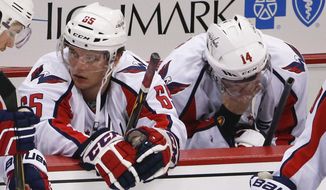 Washington Capitals&#39; Andre Burakovsky (65) and Justin Williams (14) sit on the bench after the Capitals lost to the Pittsburgh Penguins in overtime of Game 6 of the NHL hockey Stanley Cup Eastern Conference semifinals, Tuesday, May 10, 2016 in Pittsburgh. The Penguins won 4-3 and advanced to the conference finals. (AP Photo/Gene J. Puskar)