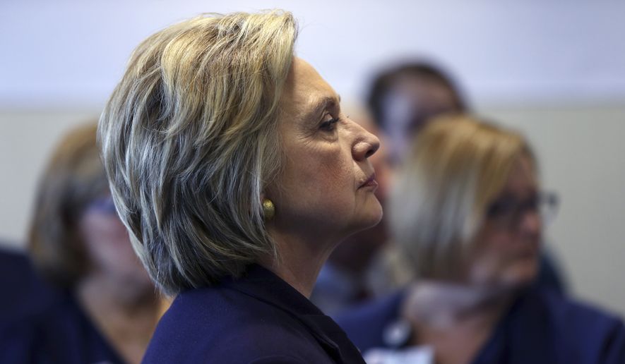 Democratic presidential candidate Hillary Clinton, listens to a question at a gathering with medical personnel at Cooper Hospital, Wednesday, May 11, 2016, in Camden, N.J. (AP Photo/Mel Evans)