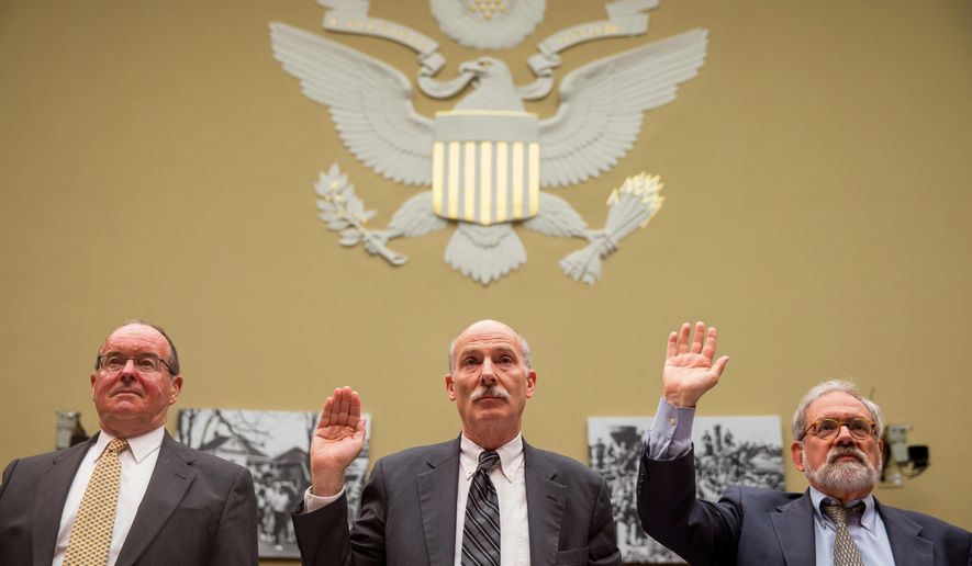 Washington, D.C. City Council Chairman Phil Mendelson, center, flanked by former Greenstein Delorme and Luchs partner Jacques DePuy, left, and former District of Columbia Attorney General Irvin Nathan, right, are sworn in on Capitol Hill in Washington, Thursday, May 12, 2016, prior to testifying before the House Government Operation subcommittee hearing on whether the District of Columbia government truly has the power to spend local tax dollars without approval by Congress. (AP Photo/Andrew Harnik)