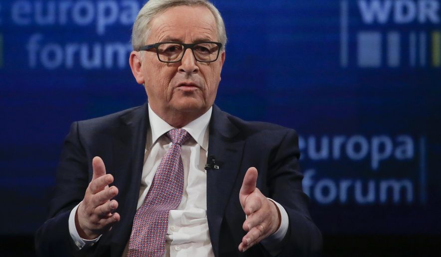 CORRECTS SPELLING OF JUNCKER -The President on the European Commission, Jean-Claude Juncker, attends a panel discussion about the future of Europe at the Europe Forum event, hosted by the Germany's WDR television and broadcast service, at the Foreign Ministry, in Berlin, Germany, Thursday, May 12, 2016. (AP Photo/Markus Schreiber)