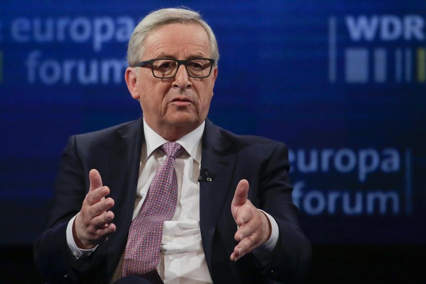 CORRECTS SPELLING OF JUNCKER -The President on the European Commission, Jean-Claude Juncker, attends a panel discussion about the future of Europe at the Europe Forum event, hosted by the Germany's WDR television and broadcast service, at the Foreign Ministry, in Berlin, Germany, Thursday, May 12, 2016. (AP Photo/Markus Schreiber)