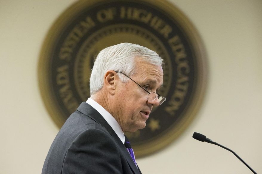 Chancellor Dan Klaich speaks during a special meeting by the Board of Regents at the Nevada System of Higher Education building, Thursday, May 12, 2016, in Las Vegas. The meeting discussed alleged misconduct by Klaich which led to an early retirement deal and was passed unanimously by the Board of Regents. (Erik Verduzco/Las Vegas Review-Journal via AP) LOCAL TELEVISION OUT; LOCAL INTERNET OUT; LAS VEGAS SUN OUT