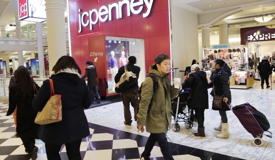 FILE - In this Feb. 19, 2015, file photo, shoppers visit a J.C. Penney store in New York. The Texas-based retailer reports financial results, Friday, May 13, 2016. (AP Photo/Mark Lennihan, File)