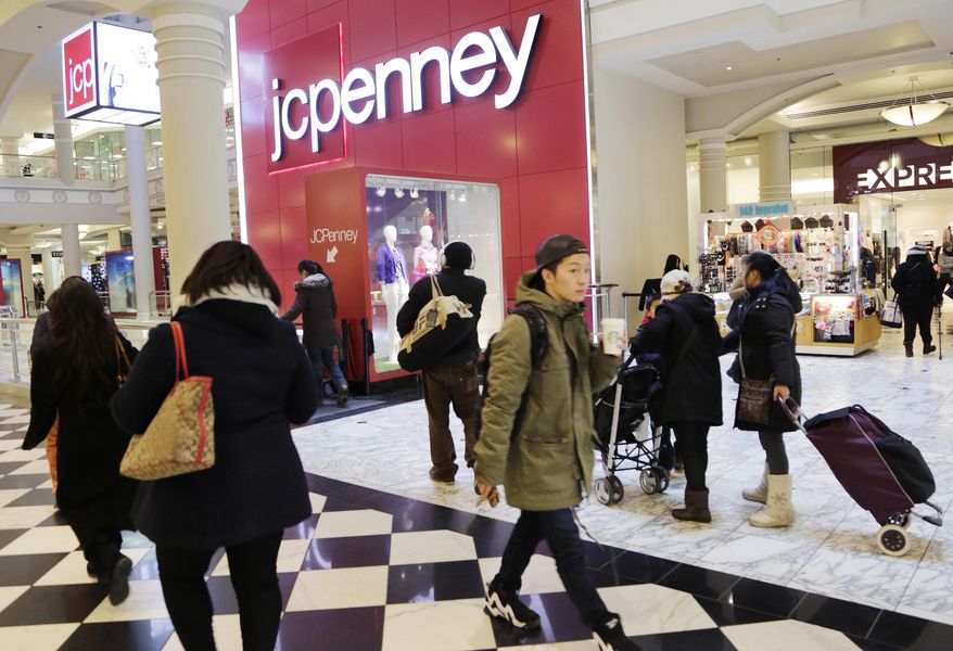 FILE - In this Feb. 19, 2015, file photo, shoppers visit a J.C. Penney store in New York. The Texas-based retailer reports financial results, Friday, May 13, 2016. (AP Photo/Mark Lennihan, File)