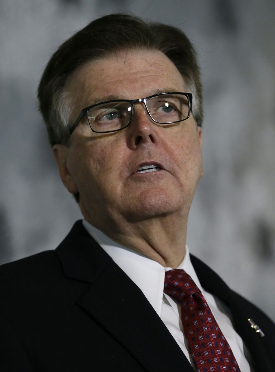 Texas Lt. Gov. Dan Patrick speaks during a news conference at the Texas Republican Convention Friday, May 13, 2016, in Dallas. Texas is signaling the state will challenge an Obama administrative directive over bathroom access for transgender students in public schools. (AP Photo/LM Otero)