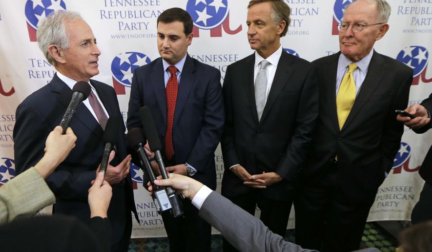 Sen. Bob Corker, R-Tenn., left, speaks before the Tennessee Republican Party's 2016 Statesmen's Dinner on Friday, May 13, 2016, in Nashville, Tenn. With Corker are, from left, state Republican party chairman Ryan Haynes, Tennessee Gov. Bill Haslam, and Sen. Lamar Alexander, R-Tenn. (AP Photo/Mark Humphrey)
