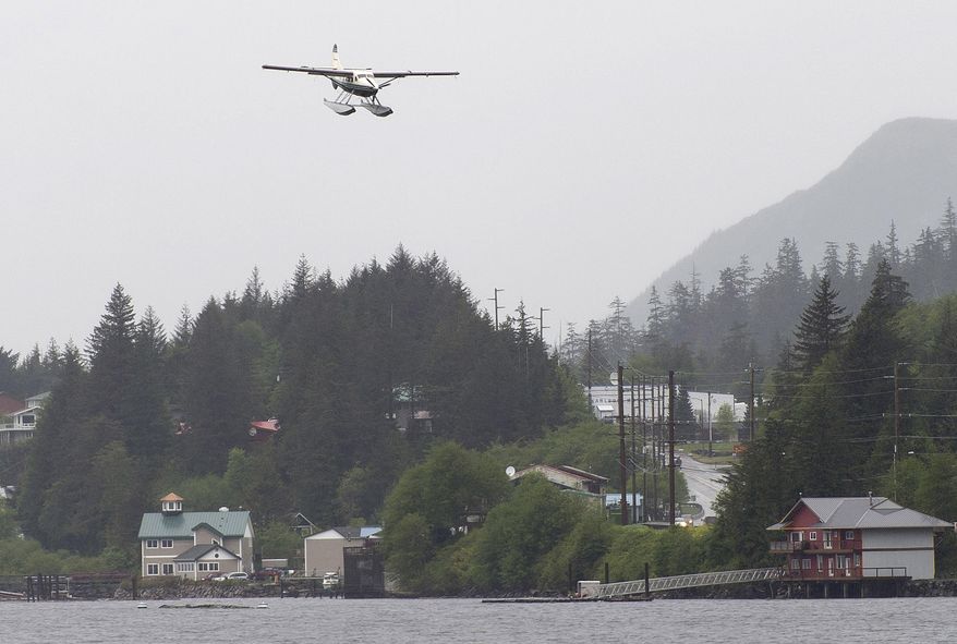 ADVANCE FOR WEEKEND MAY 14-15, 2016 AND THEREAFTER In this May 6, 2016 photo, a de Havilland Otter comes in to land in the Tongass Narrows near the Ketchikan International Airport in Ketchikan, Alaska. Birds and airplanes frequently collide by accident over Alaska, the result of an uneasy timeshare arrangement between species that is costing airlines millions of dollars in the state. (Taylor Balkom/Ketchikan Daily News via AP)