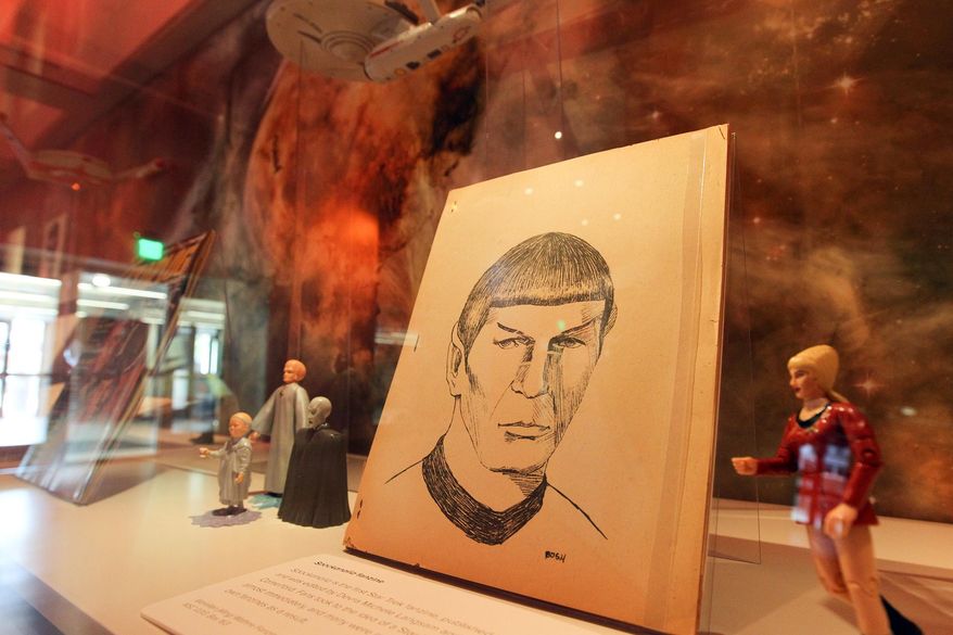 ADVANCE FOR USE SUNDAY, MAY 15 - In this photo taken Wednesday, May 4, 2016, Star Trek memorabilia is displayed at a special exhibit at the University of Iowa's Main Library in Iowa City, Iowa. (David Scrivner/Iowa City Press-Citizen via AP) NO SALES; MANDATORY CREDIT