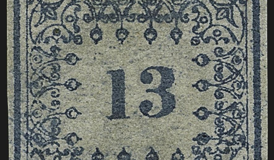 This undated photo provided by Robert A. Siegel Auction Galleries shows an example of Hawaii's first postage stamp issued in 1851, a 13-cent unused iconic Missionary stamp. In near mint condition, and one of the unused examples of that denomination, will be auctioned on May 29, 2016 during the World Stamp Show at New York's Javits Center. (Robert A. Siegel Auction Galleries via AP)