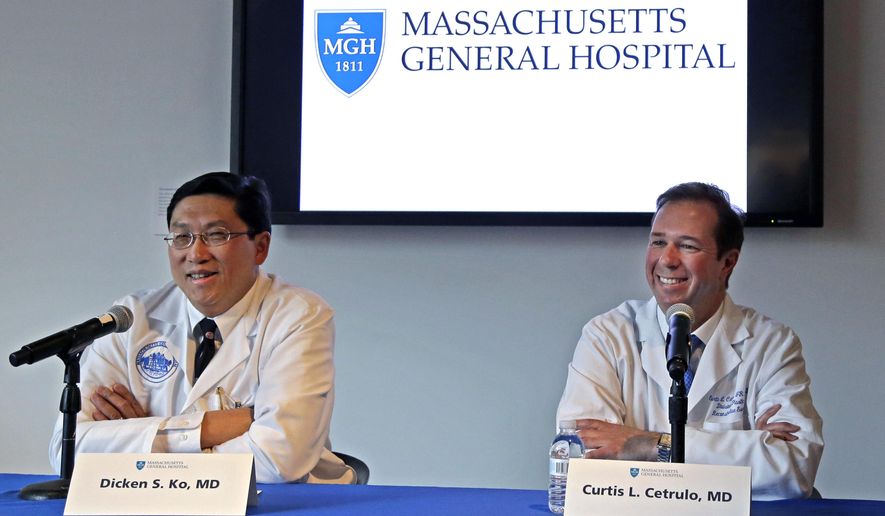 Surgical team members Dr. Dicken Ko, left, and Dr. Curtis Cetrulo address the media during a news conference at Massachusetts General Hospital, Monday, May 16, 2016, in Boston. The doctors confirmed that cancer patient Thomas Manning of Halifax, Mass. received a transplanted penis in a 15-hour procedure last week. The organ was transplanted from a deceased donor. (AP Photo/Elise Amendola)