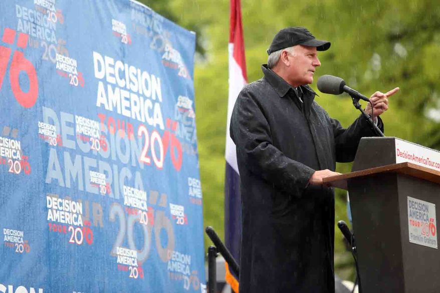 Franklin Graham speaks at a Decision America Tour event held at the state capitol in Jefferson City, Mo., on Tuesday May 17, 2016. Graham is urging Missouri's Christians to run for office and support candidates who adhere to biblical principles. (Shelby Kardell/News Tribune via AP)