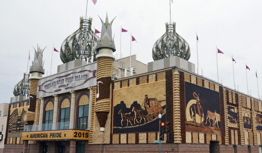 FILE - This Sept. 1, 2015, file photo shows the newly-renovated Corn Palace in Mitchell, S.D. A proposal by Mitchell Mayor Jerry Toomey to change the murals on the Corn Palace tourist attraction only every other year to save money is receiving mixed reviews. (AP Photo/Dirk Lammers, File)