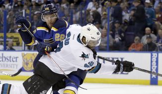 San Jose Sharks right wing Joel Ward (42) and St. Louis Blues center Paul Stastny (26) battle for the puck and  during the third period in Game 2 of the NHL hockey Stanley Cup Western Conference finals, Tuesday, May 17, 2016, in St. Louis. (AP Photo/Jeff Roberson)
