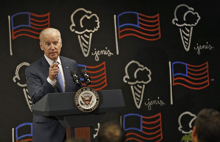 Vice President Joe Biden explains to a group of supporters new overtime rules, Wednesday, May 17, 2016 in Columbus, Ohio. (Chris Russell/The Columbus Dispatch via AP) MANDATORY CREDIT