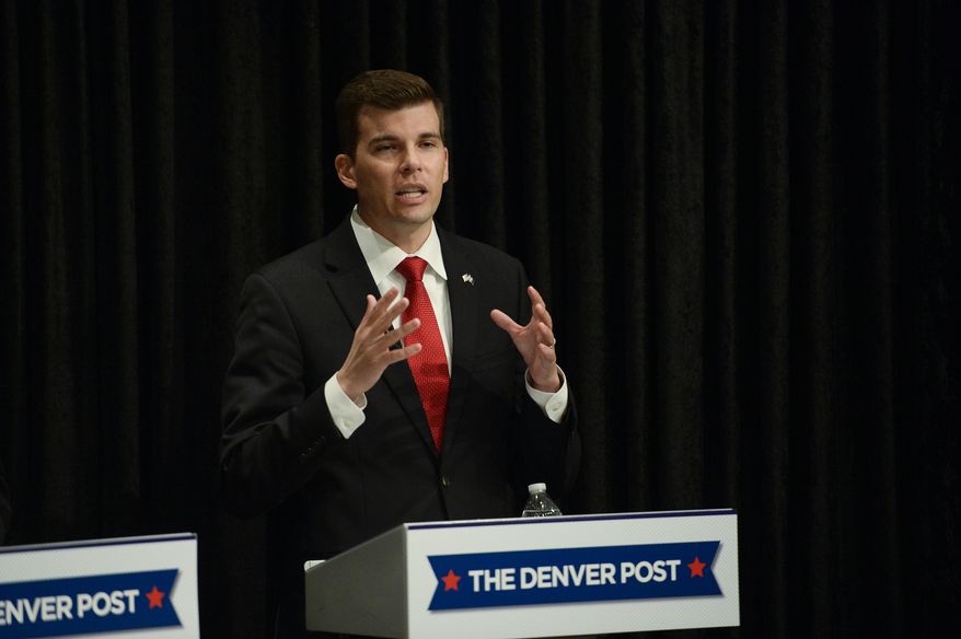 Jon Keyser answers a question about the fraudulent signatures during a Republican Senate debate in Denver, on Tuesday, May 17, 2016. The five contenders for the Colorado Republican nomination for the U.S. Senate race take part in The Denver Post debate on Tuesday at The Denver Post auditorium. (John Leyba/The Denver Post via AP) MAGS OUT; TV OUT; INTERNET OUT; NO SALES; NEW YORK POST OUT; NEW YORK DAILY NEWS OUT; MANDATORY CREDIT