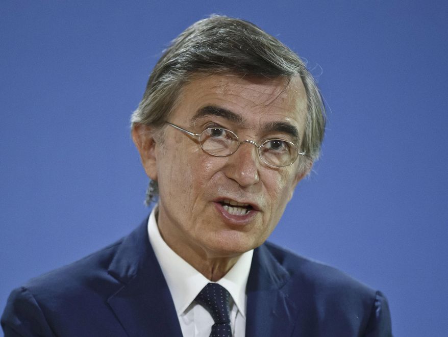 French diplomat competing to be the world’s top health official, Philippe Douste-Blazy, addresses the media during a press conference held in Paris, France, Wednesday, May 18, 2016. Philippe Douste-Blazy, says a global tax can help fill the World Health Organization’s coffers. (AP Photo/Michel Euler)