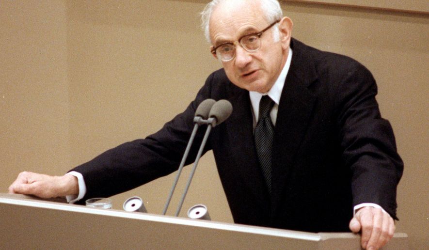 FILE - In this June 17, 1987 file photo, American historian Fritz Richard Stern appears during his speech in Bonn, Germany. Stern, a refugee from Nazi Germany who became a prominent historian and a longtime professor at Columbia University, died Wednesday, May 18, 2016 at his home in New York. He was 90. (AP Photo/Hermann J. Knippertz, File)