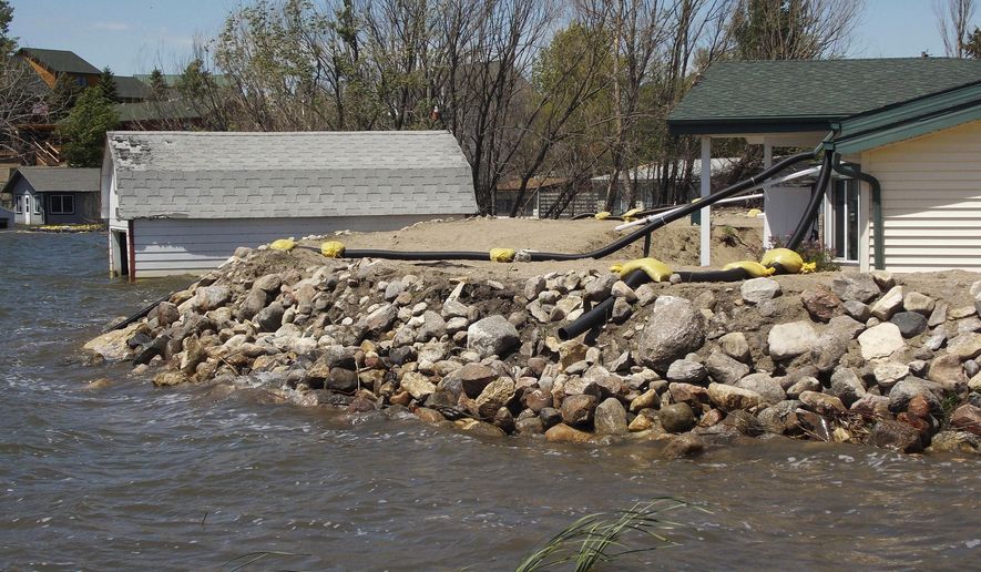 FILE - In this June 9, 2014 file photo, waves pound against a rock-covered dike built around a home on the southern shore of Rice Lake, a rural lake near Minot, N.D. Property owners around the lake are getting a reprieve from flooding this spring, and efforts to battle the chronic problem are in good financial shape. Rice Lake rose for five straight years, causing more than $3 million in losses. This spring, its level is up less than half a foot. (Kim Fundingsland/The Daily News via AP, File) MANDATORY CREDIT
