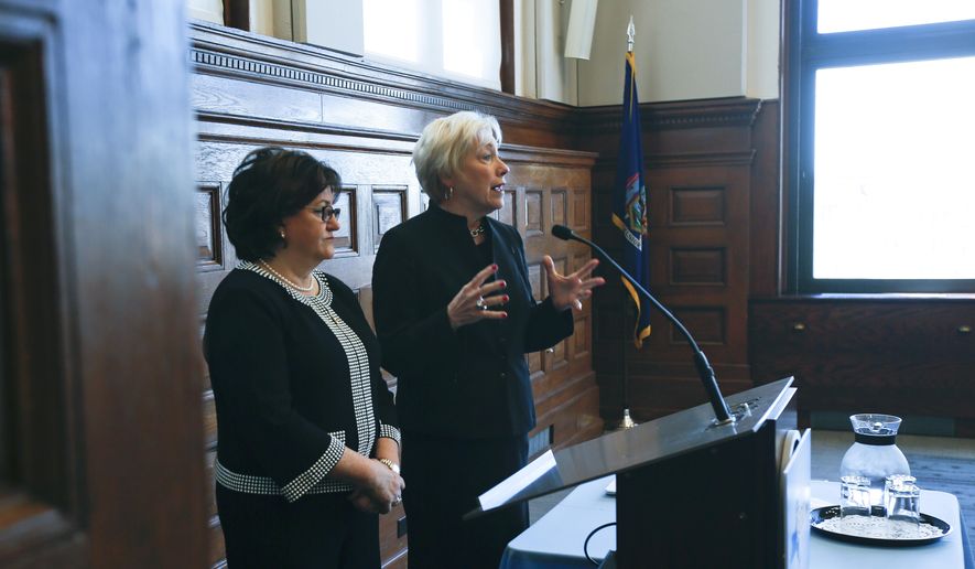 State University of New York Chancellor Nancy Zimpher, right, and State Education Commissioner MaryEllen Elia take questions during a TeachNY news conference on Wednesday, May 18, 2016, in Albany, N.Y. A collaboration of the State Education Department and SUNY aims to improve teacher training and address teacher shortages across New York. (AP Photo/Mike Groll)