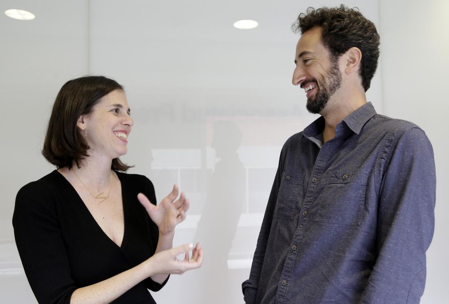 This Tuesday, May 17, 2016 photo, Elyse Steinberg, left, and Josh Kriegman, directors of the documentary "Weiner," appear during an interview in Los Angeles. Their film about disgraced New York Congressman Anthony Weiner comes out Friday in limited release. (AP Photo/Nick Ut) (AP Photo/Nick Ut)