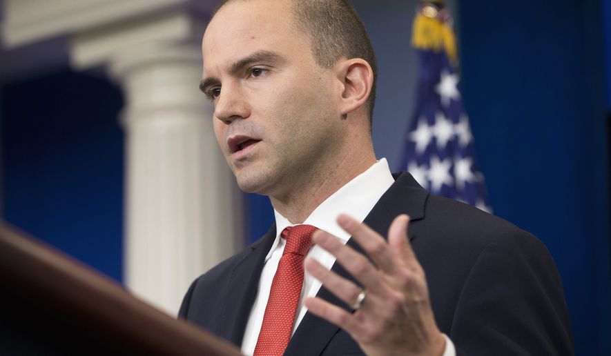 In this Feb. 16, 2016 file photo Deputy National Security Adviser For Strategic Communications Ben Rhodes speaks in the Brady Press Briefing Room of the White House in Washington. An advocacy group recently identified by the White House as part of its echo chamber gave National Public Radio $100,000 to help it report on the Iran nuclear program and related issues. It also funded reporters at The Nation and fellow liberal media outlet Mother Jones, and partnered with the Center for Public Integrity. The groups quiet, behind-the-scenes effort to help the Obama administration sell the Iran nuclear deal received attention this month after a candid profile of Ben Rhodes, one of the presidents closest aides. (AP Photo/Pablo Martinez Monsivais, File)