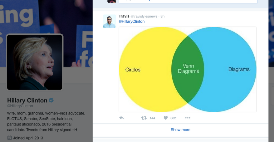 Reply to Hillary Clinton Venn-diagram tweet. Screen capture from May 20, 2016.