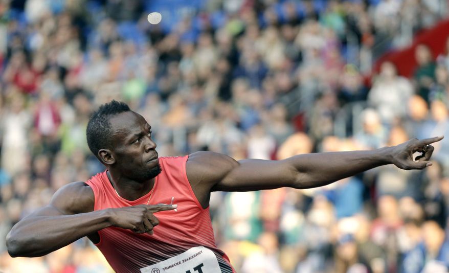 Jamaica's sprinter Usain Bolt gestures after crossing the finish line of the men's 100 meters event, at the Golden Spike athletic meeting in Ostrava, Czech Republic, Friday, May 20, 2016. (AP Photo/Petr David Josek)