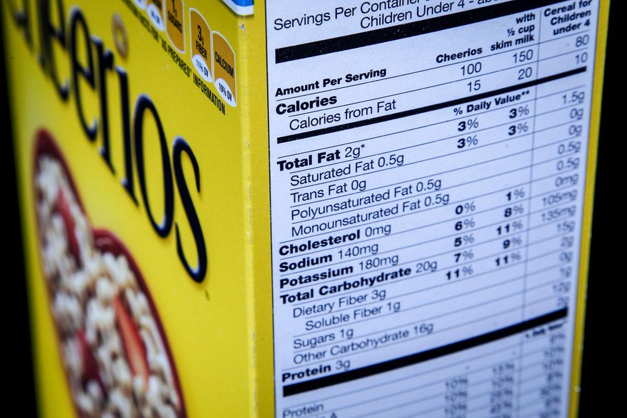 FILE - In this Jan. 23, 2014 file photo, the nutrition facts label on the side of a cereal box is photographed in Washington. Nutrition facts labels on food packages are getting a long-awaited makeover, with calories listed in bigger, bolder type and a new line for added sugars. (AP Photo/J. David Ake, File)