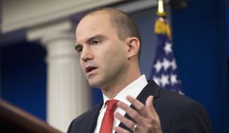 In this Feb. 16, 2016, file photo, then-Deputy National Security Adviser For Strategic Communications Ben Rhodes speaks in the Brady Press Briefing Room of the White House in Washington. (AP Photo/Pablo Martinez Monsivais, File) **FILE**