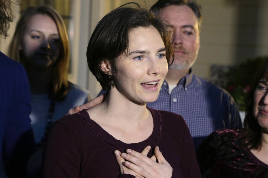 FILE - In this Friday, March 27, 2015 file photo, Amanda Knox talks to members of the media outside her mother's home in Seattle. The European Court of Human Rights has agreed to hear Amanda Knox's case challenging her slander conviction during the trial for her British roommate's 2007 murder, her Italian defense lawyer said Friday, May 20, 2016. Dalla Vedova said the Strasbourg court's decision this week is "good news" for his client, because the vast majority of cases are rejected at the preliminary stage. The Italian government has until September to provide its response. (AP Photo/Ted S. Warren, file)