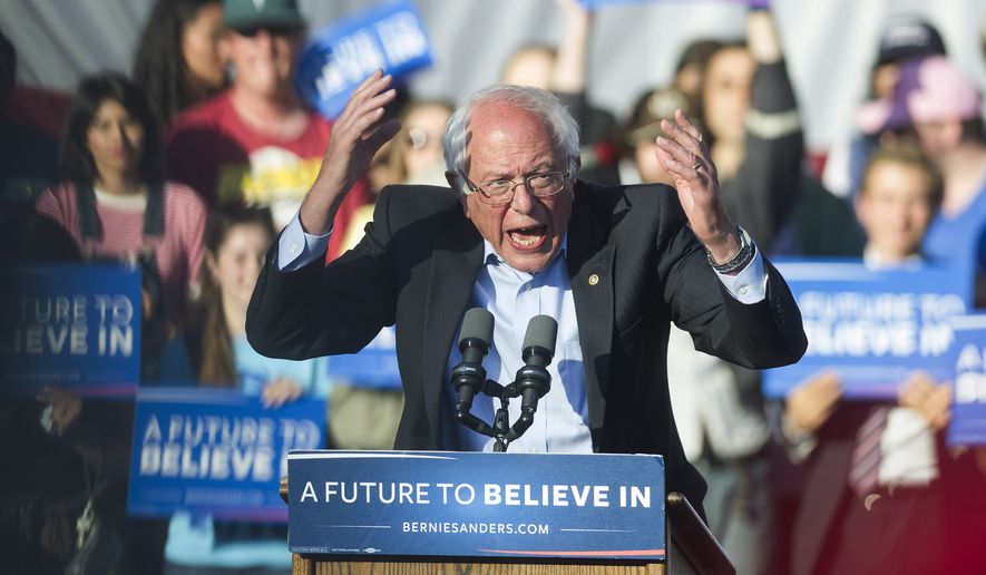 Sen. Bernie Sanders, Vermont independent and Democratic presidential candidate, speaks to a crowd at Irvine Meadow Amphitheater in Irvine, Calif., on May 22, 2016. (Cindy Yamanaka/The Orange County Register via AP)