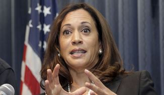 California Attorney General Kamala Harris, who leads the crowded field in the polls, has positioned herself to Rep. Loretta Sanchez&#39;s left, touting her endorsements from progressive icons such as Massachusetts Sen. Elizabeth Warren and labor organizer Dolores Huerta, as well as her targeting of the banking and oil-and-gas industries. (Associated Press)