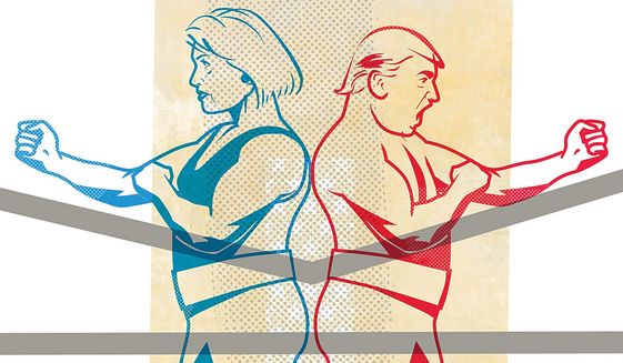 Illustration positing the possible national security actions of the presidential candidates by Linas Garsys/The Washington Times