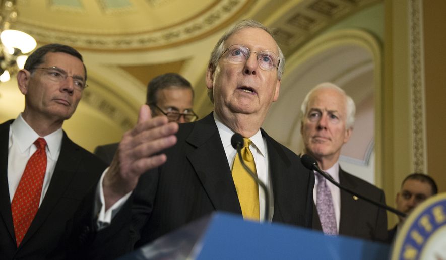 Senate Majority Leader Sen. Mitch McConnell of Ky., speaks during a news conference on Capitol Hill in Washington, Tuesday, May 24, 2016. From left are, Sen. John Barrasso, R-Wyo., Sen. John Thune, R-S.D., McConnell, and Senate Majority Whip John Cornyn of Texas. (AP Photo/Evan Vucci) ** FILE **