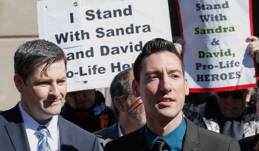 Pro-life activist David Daleiden speaks to supporters outside the Harris County Criminal Courthouse after turning himself in to authorities on Feb. 4 in Houston. (Associated Press)