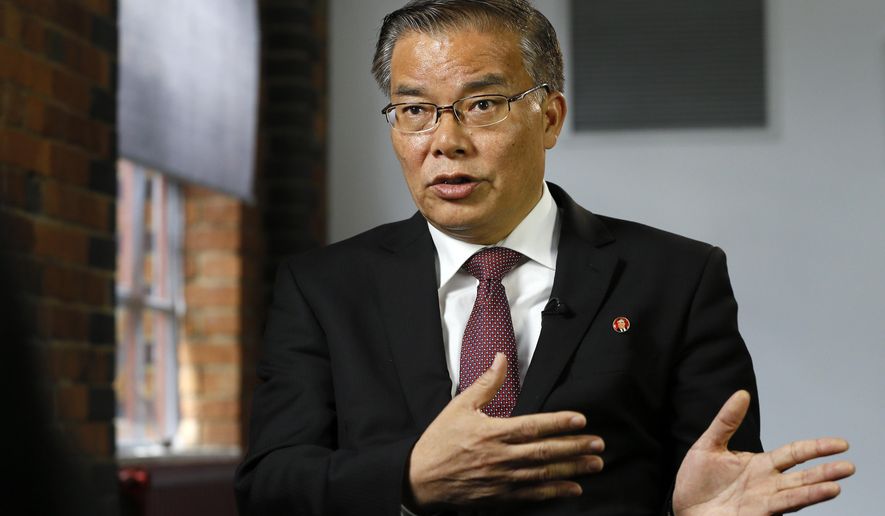 Hyun Hak Bong, North Korea's Ambassador to the UK, speaks during an interview in London, Tuesday, May 24, 2016. North Korea’s ambassador to Britain says his country has no interest in presumptive Republican presidential nominee Donald Trump’s offer to open nuclear talks with North Korean leader Kim Jong Un. Hyon Hak Bong said Tuesday that Pyongyang views Trump’s offer as an electoral ploy that is not serious. (AP Photo/Kirsty Wigglesworth)