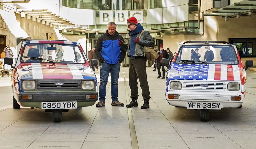 In this image made available on Tuesday May 24, 2016 by the BBC America, TV presenter and disc jockey Chris Evans, right, speaks with Top Gear co-presenter US actor and Matt LeBlanc as they prepare for there first challenge in London in this undated image. Top Gear” doesn’t do understatement. If it were a car, the BBC’s hit auto show would be a flashy, precision-tooled racer. Co-host Chris Evans calls it “a car-show nuclear bomb” and it returns to the screen facing the fallout of former host Jeremy Clarkson’s explosive exit. (Mark Yeoman BBC America via AP)