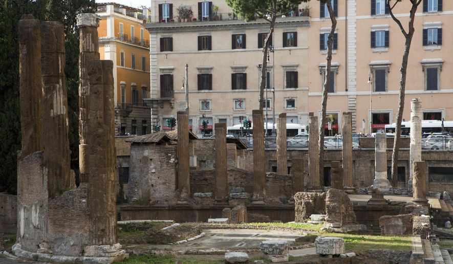 A view of the area of the ancient Campus Martius, where Julius Caesar is believed to have been assassinated in 44 BC, in downtown Rome, Tuesday, May 24, 2016. The area containing four temples and a part of the Pompey's Theatre is among the monuments that Rome is offering in the form of "adoption" with a project called "100 proposals for patrons", seeking all the sponsors it can find to fund the monumental job of restoring and maintaining its hundreds of fountains, statues, archaeological sites and historic palazzos. (AP Photo Domenico/Stinellis)