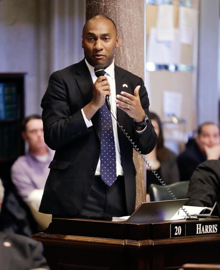 FILE - In this March 21, 2016, file photo, state Senate Democratic leader Lee Harris, of Memphis, speaks during a floor session in Nashville, Tenn. Harris is calling for changes to the state Legislature's travel policies after his request to be reimbursed was denied for a Tuesday, May 24, 2016, meeting at the White House on curbing gun violence. (AP Photo/Mark Humphrey)