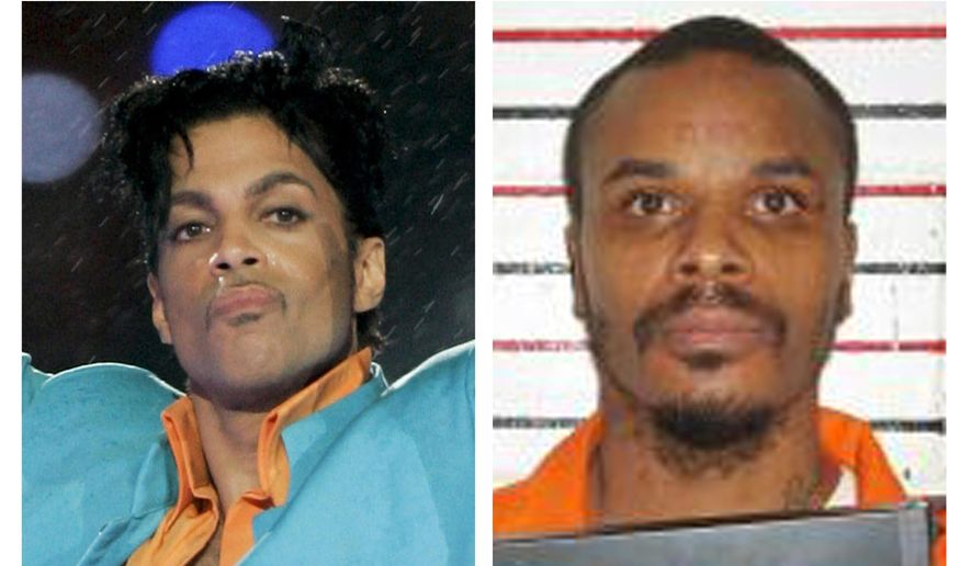 This combination of file photos shows Prince, left, in 2007 and an undated booking photo released by Missouri Department of Corrections of Carlin Q. Williams. Williams is seeking DNA testing to confirm whether he’s the pop superstar’s child. If they are a match, Williams would be the sole heir to the singer’s estate. (AP Photo and Missouri Department of Corrections via AP, File)