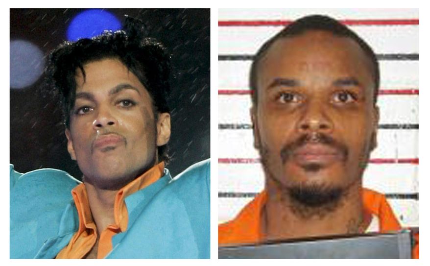 This combination of file photos shows Prince, left, in 2007 and an undated booking photo released by Missouri Department of Corrections of Carlin Q. Williams. Williams is seeking DNA testing to confirm whether he’s the pop superstar’s child. If they are a match, Williams would be the sole heir to the singer’s estate. (AP Photo and Missouri Department of Corrections via AP, File)
